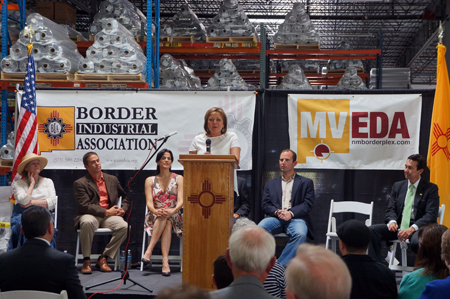 Governor Martinez welcomes W Silver and Twin Cities to New Mexico From L to R: NM Senate President Pro-tem Senator Mary Kay Papen, Mesilla Valley Economic Development Alliance President/CEO Davin Lopez, Border Industrial Association President Miriam Baca Kotkowski, Governor Susana Martinez, Owner of W Silver Recycling Lane Gaddy, and NM Economic Development Secretary John Barela.